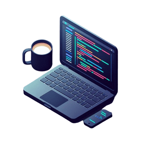 Developer workspace with laptop, coffee and smartphone